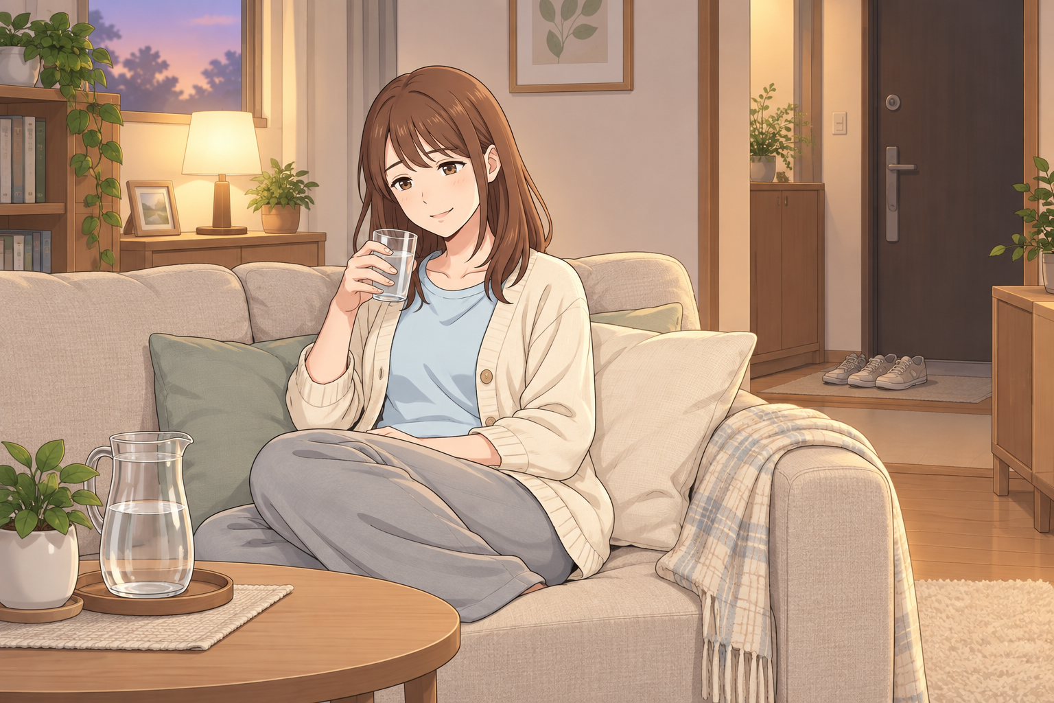 施術後の夕方、自宅のソファで水分を補給しながら穏やかに休む女性のイラスト