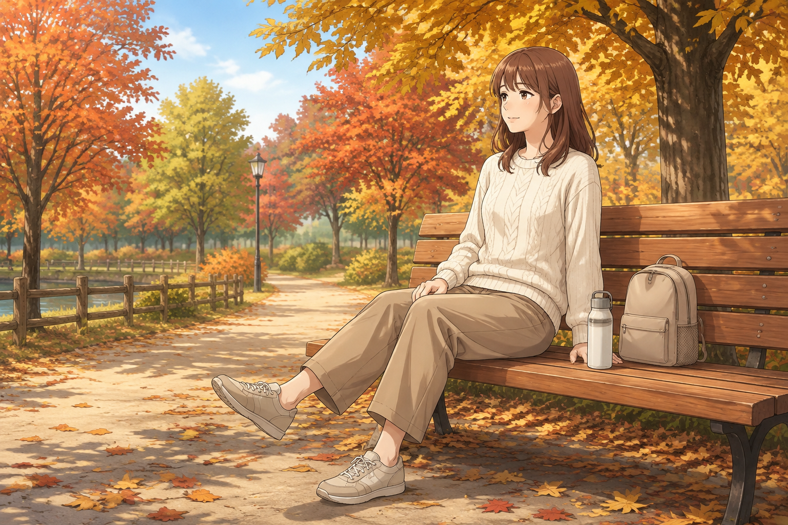 紅葉が彩る秋の公園で、歩きやすい服装の女性がベンチに座り、水分を用意して穏やかに休憩しているイラスト