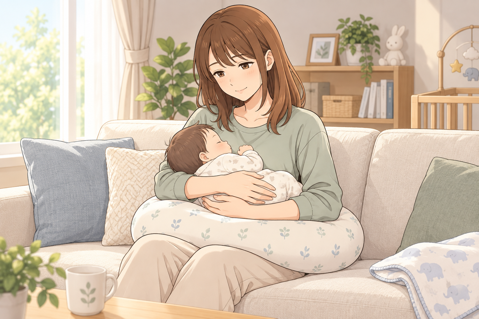 明るいリビングで、茶髪の女性が授乳クッションと前腕を使い、赤ちゃんを胸元でやさしく支えているアニメ調のイラスト