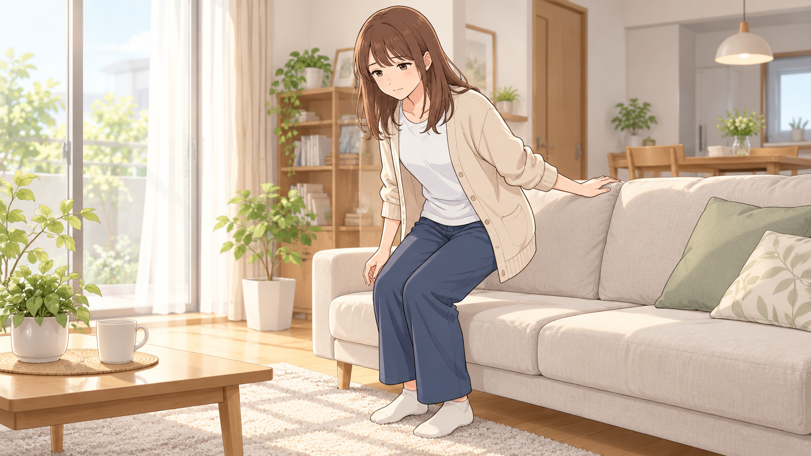 明るいリビングで、腰の状態を気遣いながらソファへゆっくり腰掛けようとする女性のイラスト