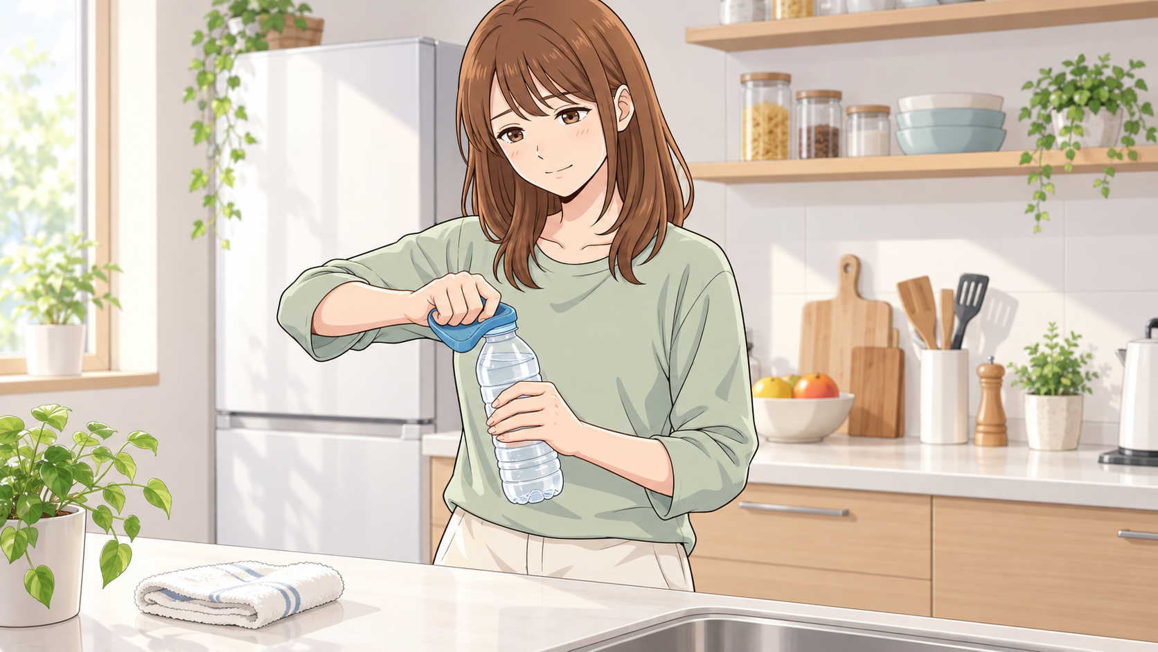 明るいキッチンで、茶色い髪の女性が滑り止めオープナーを使い、身体の近くでペットボトルのふたを開けているやさしいアニメ調イラスト