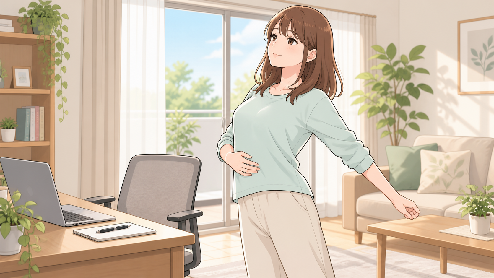 明るいリビングで、在宅作業の合間に立ち上がり、脇腹に手を添えて穏やかに呼吸しながら身体を伸ばす茶髪の女性のイラスト