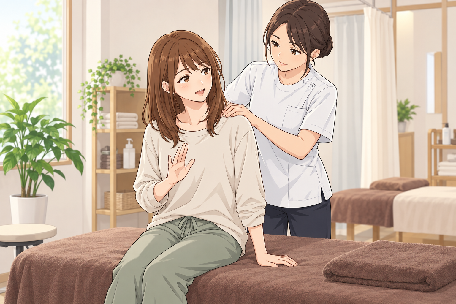 明るく清潔な施術室で、肩への刺激について穏やかに希望を伝える茶髪の女性と、力加減を調整しながら耳を傾ける施術者のイラスト