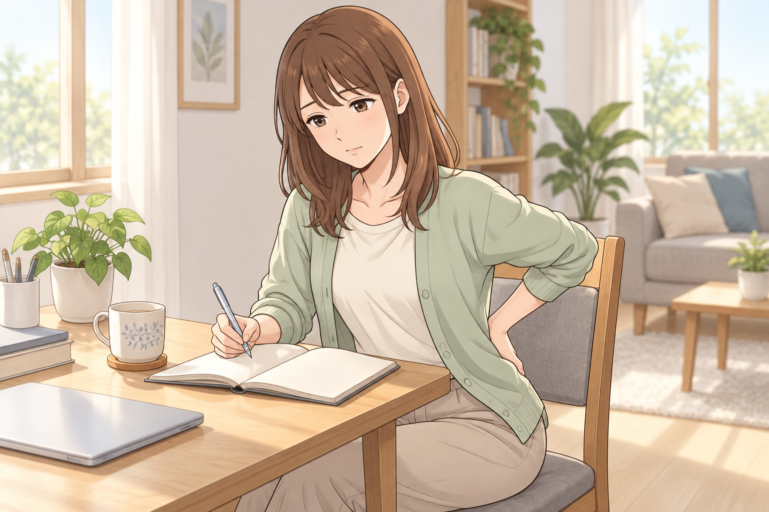 明るい自宅の机で、長引く腰の軽い違和感を気にしながらノートに記録する茶髪の女性のやさしいアニメ調イラスト