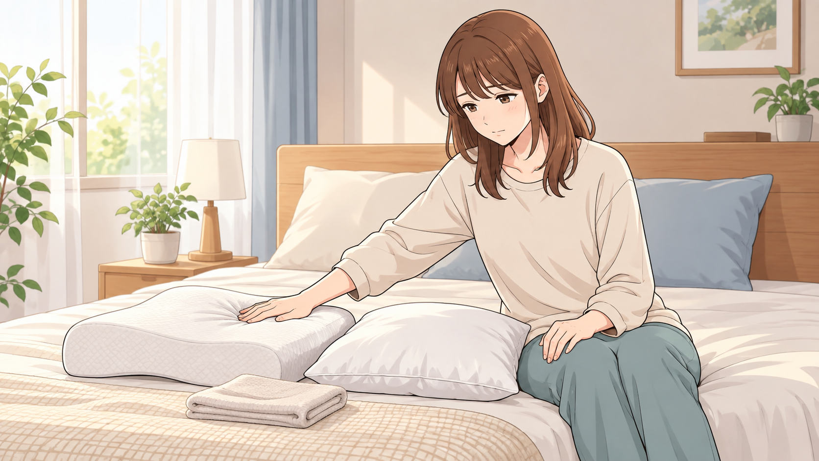 朝の明るい寝室で、茶色い髪の成人女性が高さや形の異なる枕を並べ、新しい枕の硬さを手で確かめながら比較しているやさしいアニメ調のイラスト