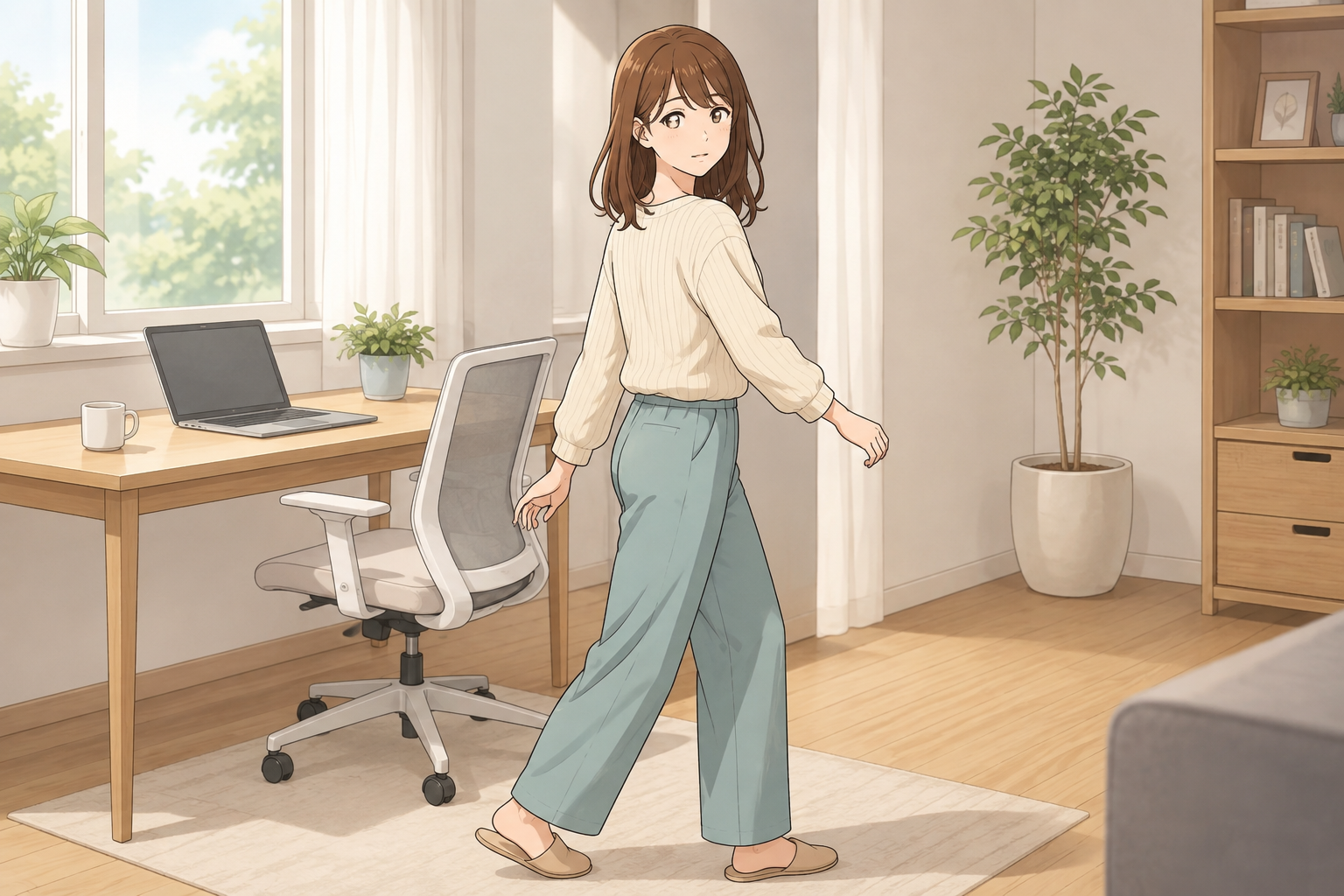 明るい自宅の仕事部屋で、首だけをひねらず足を踏み替えながら身体全体でゆっくり振り向く茶髪の女性のイラスト