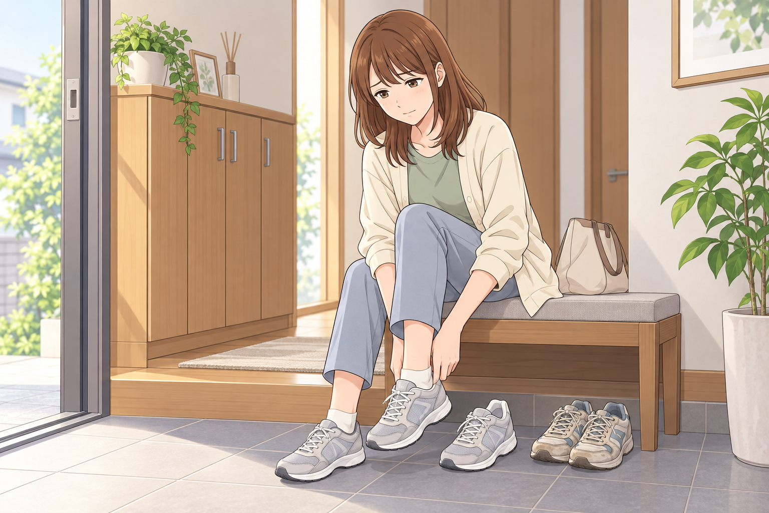 明るい玄関のベンチに座り、新しい靴の履き心地を確かめながら履き慣れた靴と見比べる茶髪の女性のイラスト