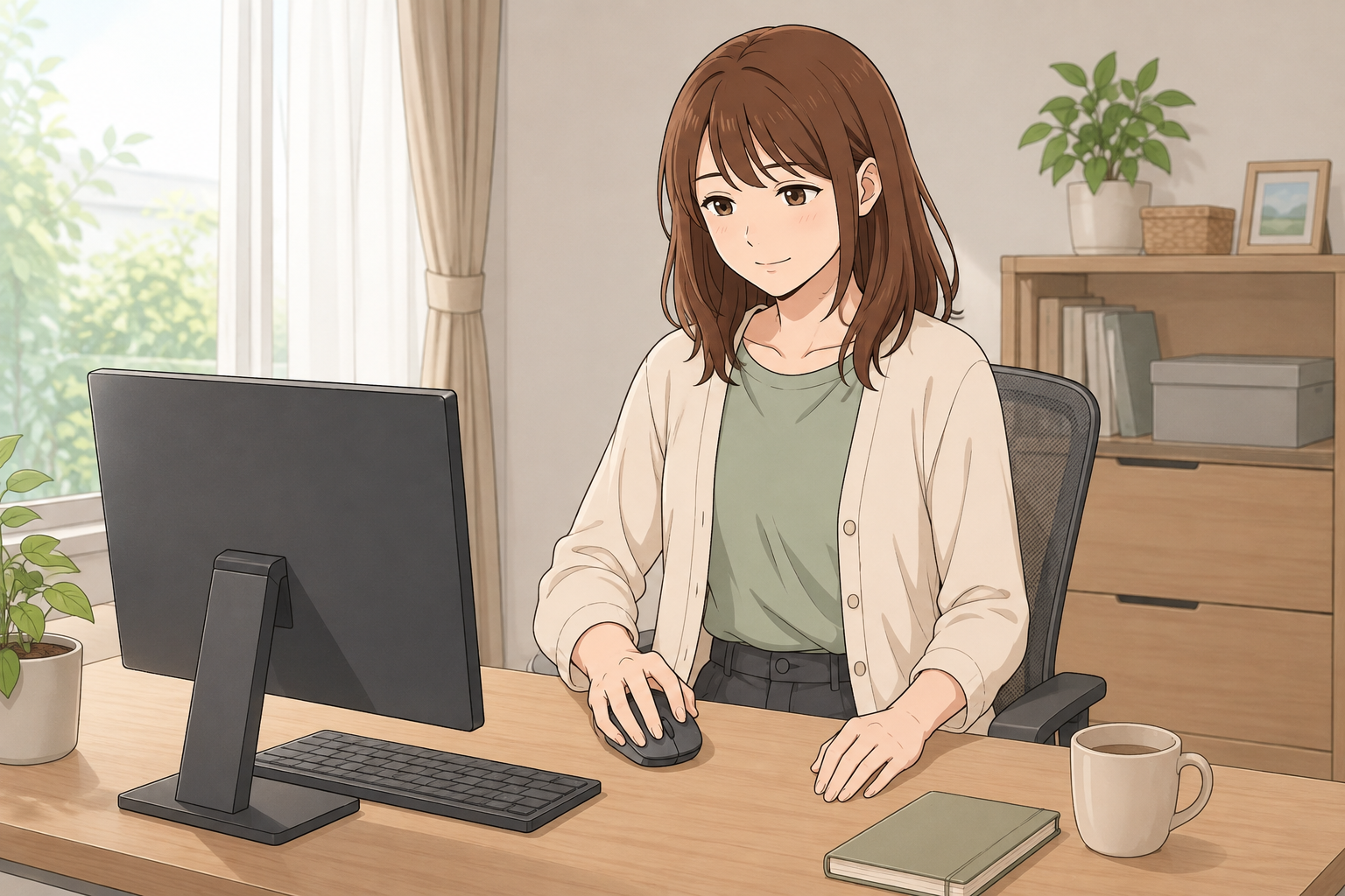 片側の肩への負担を見直すため、明るい自宅の机でマウスの位置を整える茶髪の女性のやさしいアニメ調イラスト
