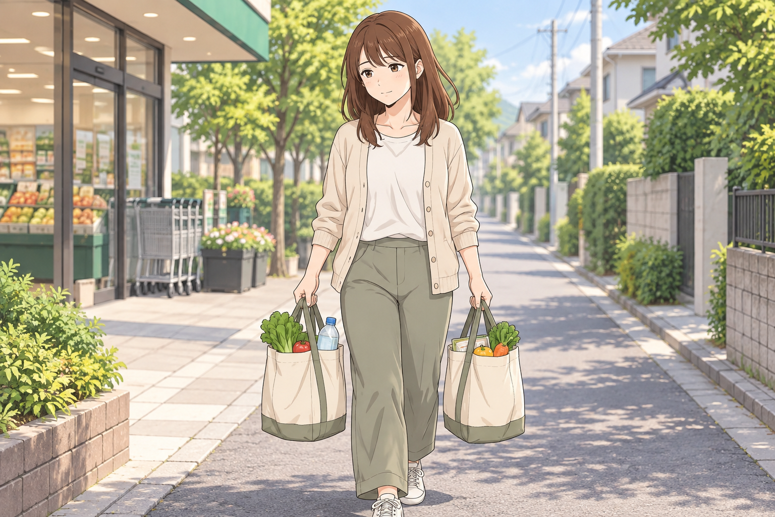 スーパーからの帰り道、女性が左右の手に同程度の買い物袋を持ち、腕への負担を分散しながら歩く様子