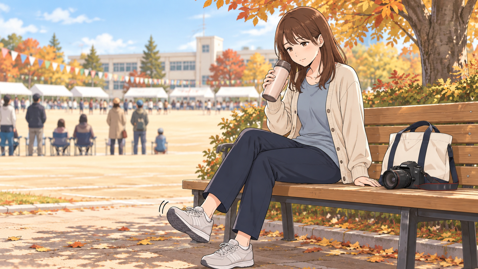 秋の学校行事後、紅葉の校庭を背景にベンチで水分補給をしながら足首をゆっくり動かして休む女性のイラスト