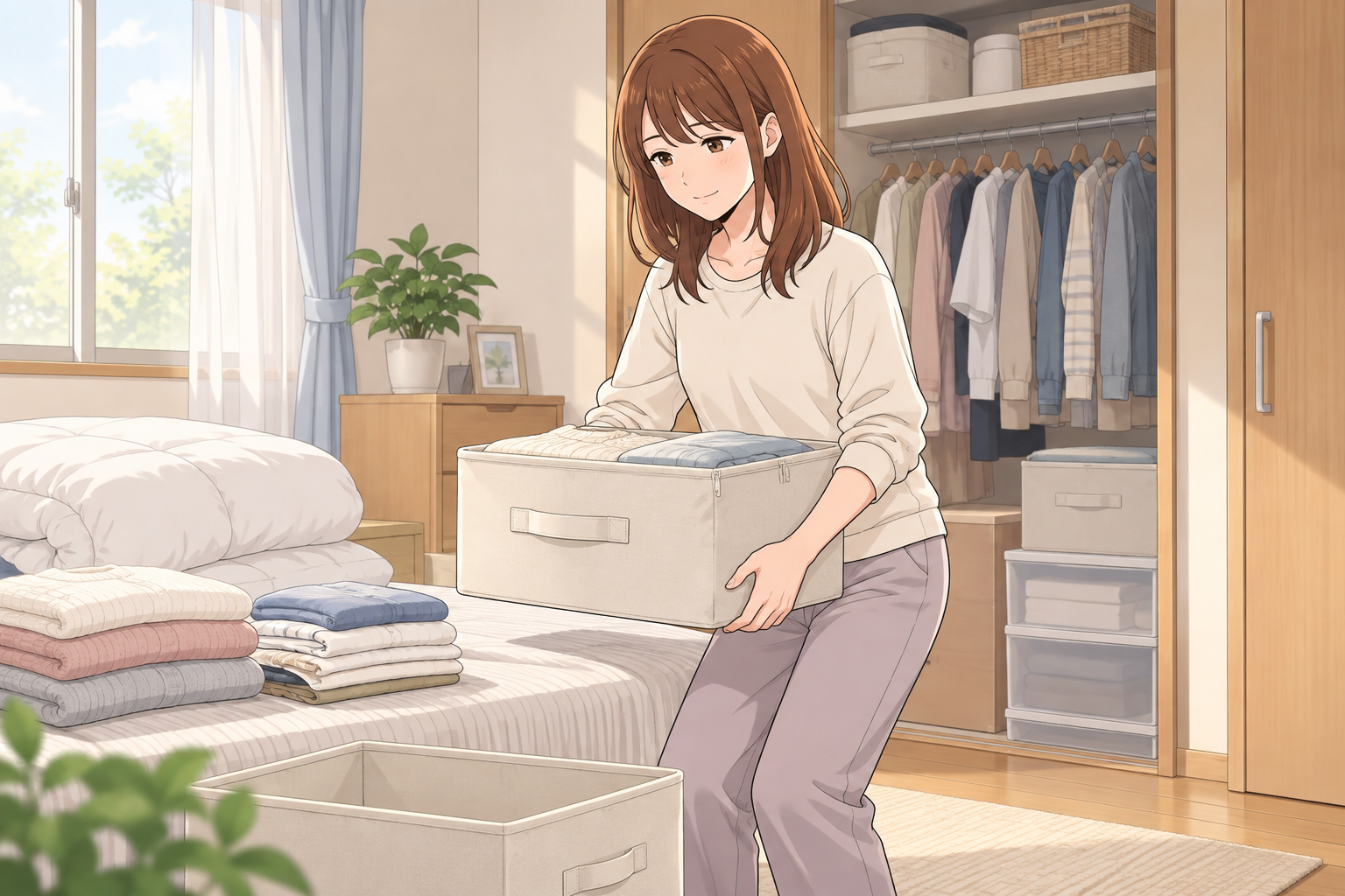 明るい寝室で、茶色い髪の女性が膝を軽く曲げ、衣類の入った収納ケースを身体の近くで両手に持ちながら衣替えをする、やさしいアニメ調の横長イラスト