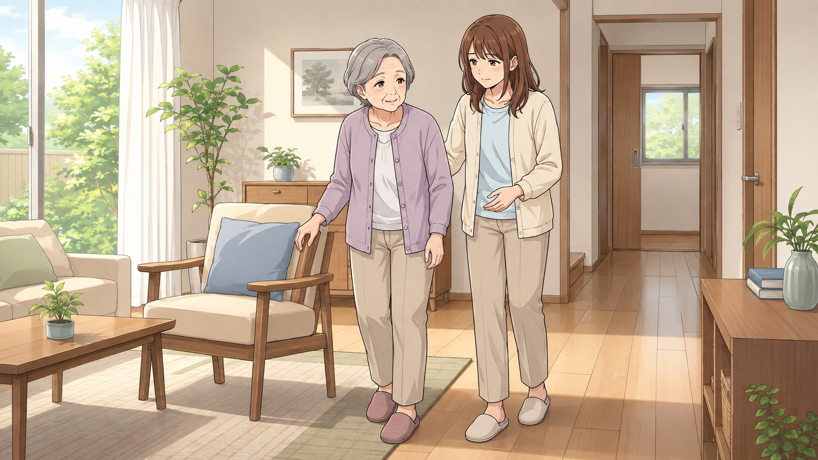 明るい居間で、茶色い髪の女性が高齢の母親に寄り添い、安全な歩行スペースと足元を一緒に確認しているやさしいアニメ調のイラスト