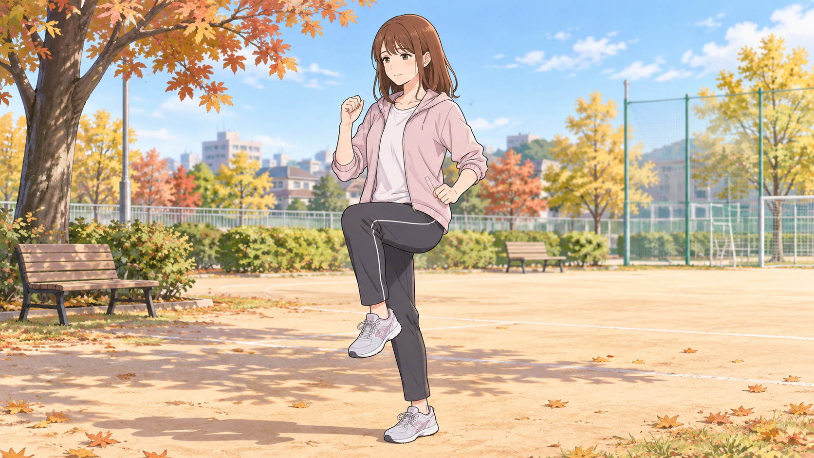 秋晴れの運動場で、運動会に向けて軽く足踏みをしながら身体を温める茶色い髪の成人女性