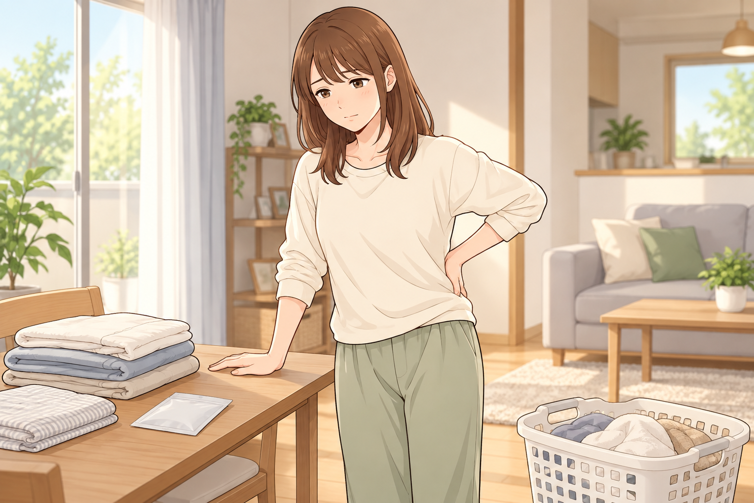 洗濯を始める前に腰へ軽く手を添え、身体の様子を確かめる茶髪の女性を描いた、やさしいアニメ調の横長イラスト。