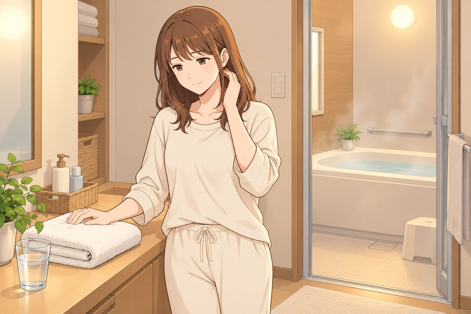 入浴前の脱衣所で、タオルと水を用意しながら湯船につかる準備をする女性