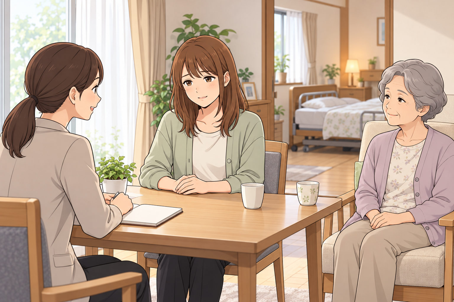明るい自宅で、茶髪の女性が高齢の家族とともに介護の担当者へ相談している、やさしいアニメ調のイラスト。