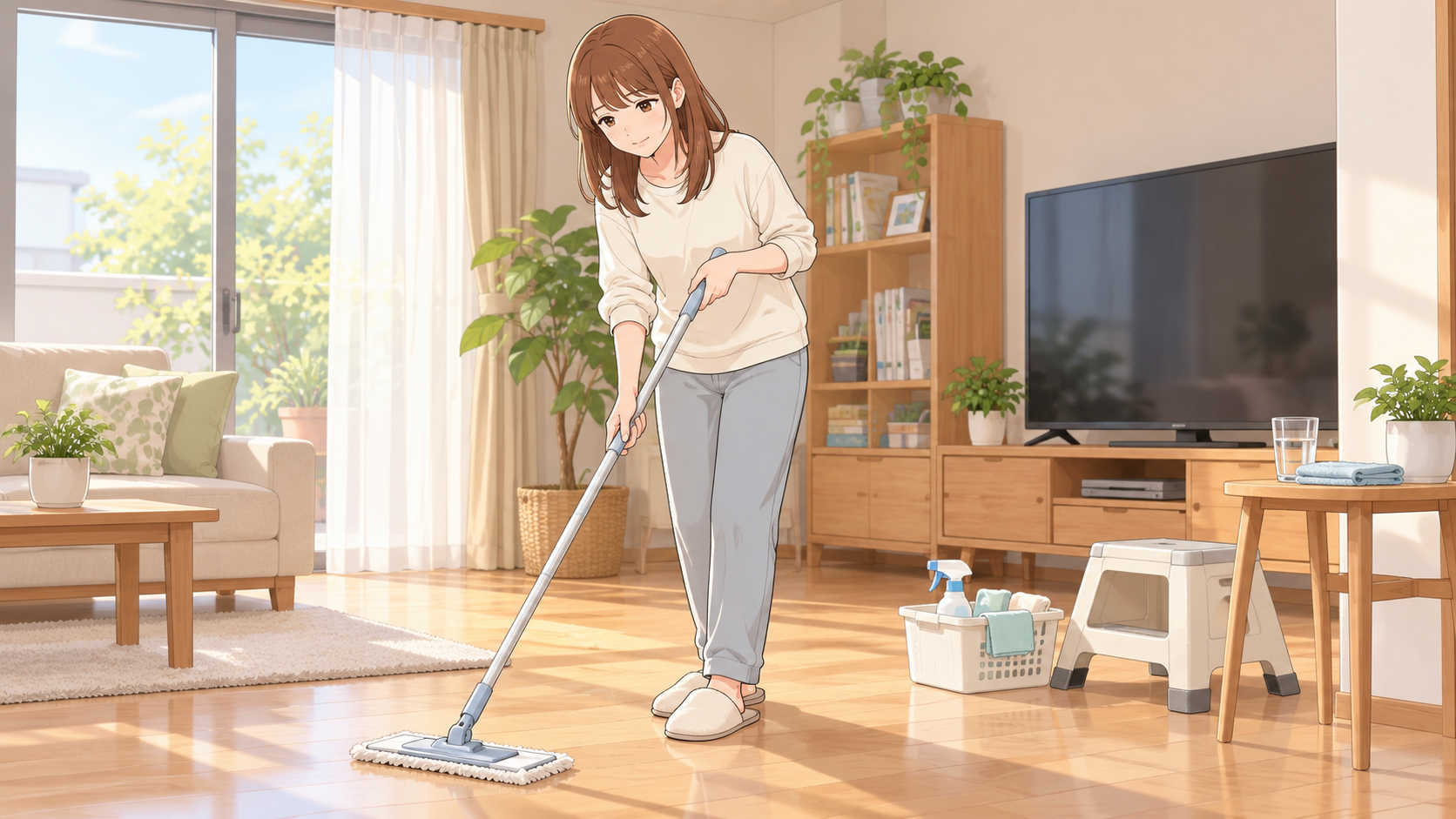 年末前の明るいリビングで、長柄モップを使って無理なく大掃除を進める茶髪の女性