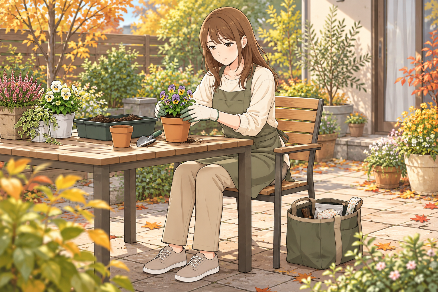 秋の庭で、安定した椅子に座り、テーブルの上で小さな花鉢の植え替えをする茶髪の女性のやさしいアニメ調イラスト