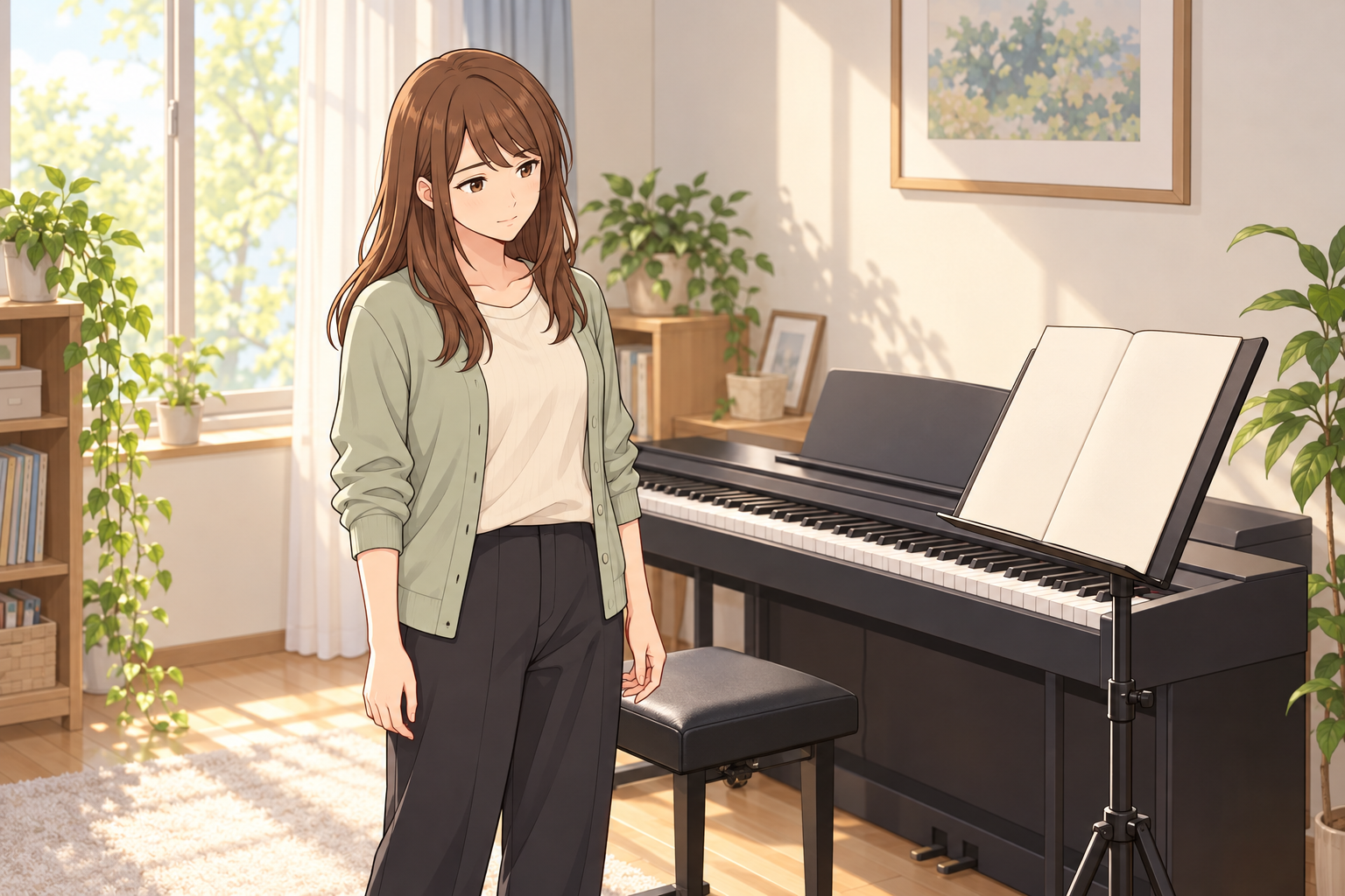 明るい練習室で、茶髪の女性が電子ピアノと譜面台のそばに立ち、練習の合間に休憩するやさしいアニメ調のイラスト。