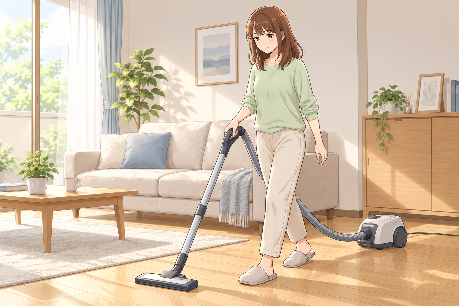 明るいリビングで、女性が掃除機を身体の近くに保ち、小さく足を踏み出しながら自然な姿勢で床を掃除しているイラスト